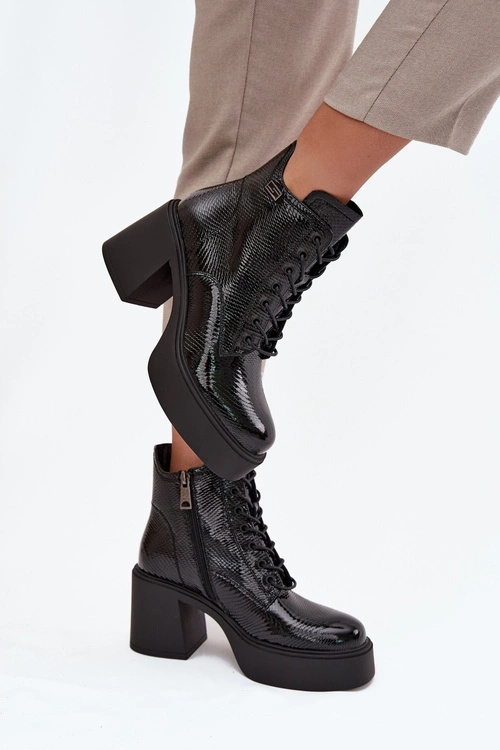 Lakierowane Skórzane Botki Damskie Na Platformie I Słupku Vinceza 66817 Czarne