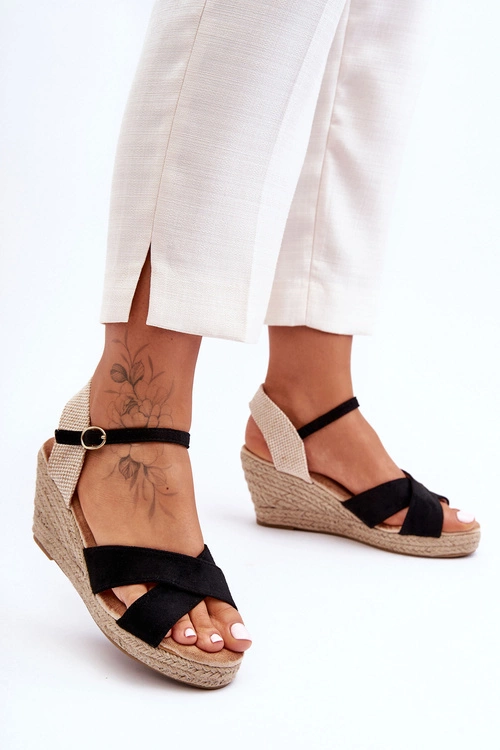 Damskie Zamszowe Sandały Na Plecionym Koturnie Czarne Tessa