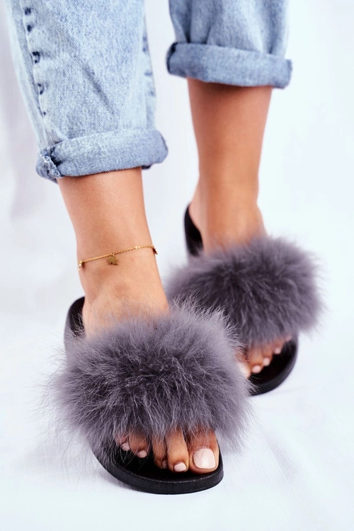 Klapki Damskie z Naturalnym Futerkiem Szare Bushido