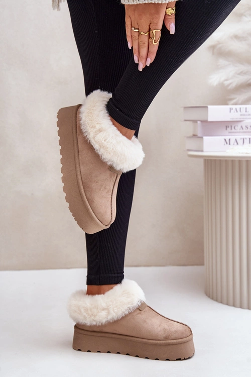 Śniegowce Z Niską Cholewką Z Futerkiem Na Platformie Eko Zamszowe Ciemnobeżowe Neathoria