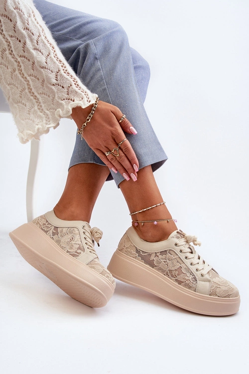 Koronkowe Sneakersy Damskie Na Platformie S.Barski HY51-059 Beżowe