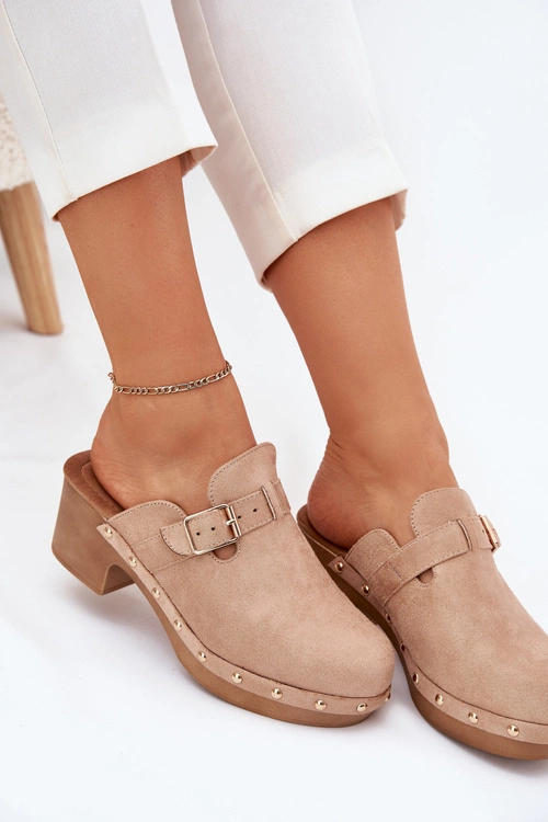 Klapki Chodaki Damskie Na Obcasie Z Klamrą Beżowe Veldexina