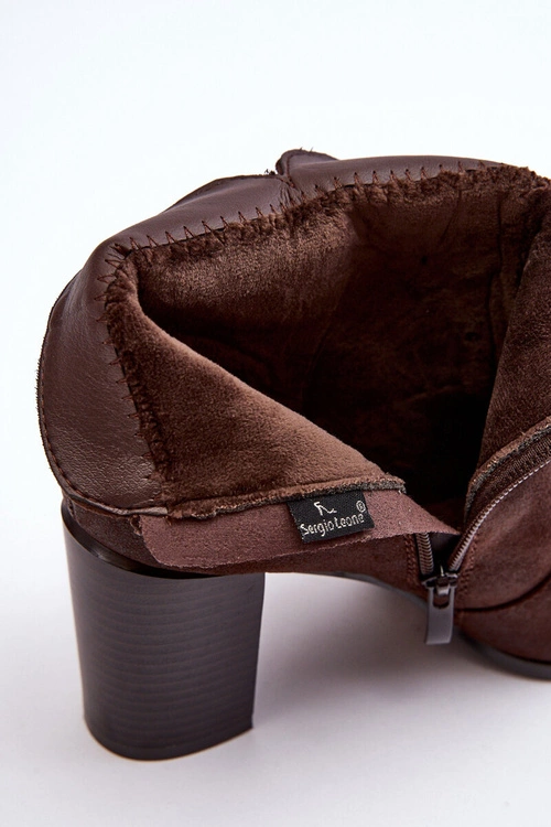 Skórzane Damskie Botki Na Słupku Z Klamrą Brązowe Lasima