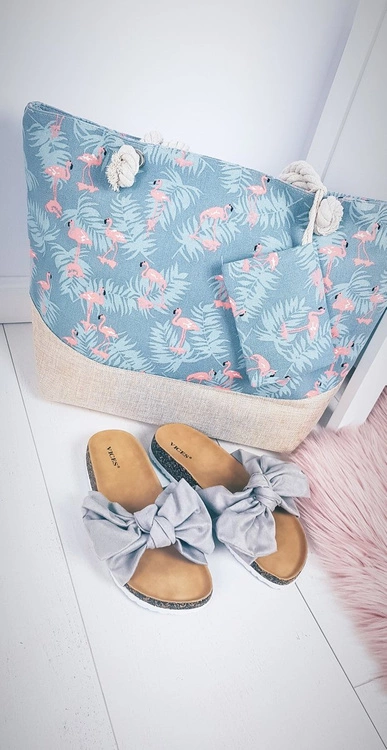 Plażowa Duża Niebieska Torebka Torba Damska Flamingi