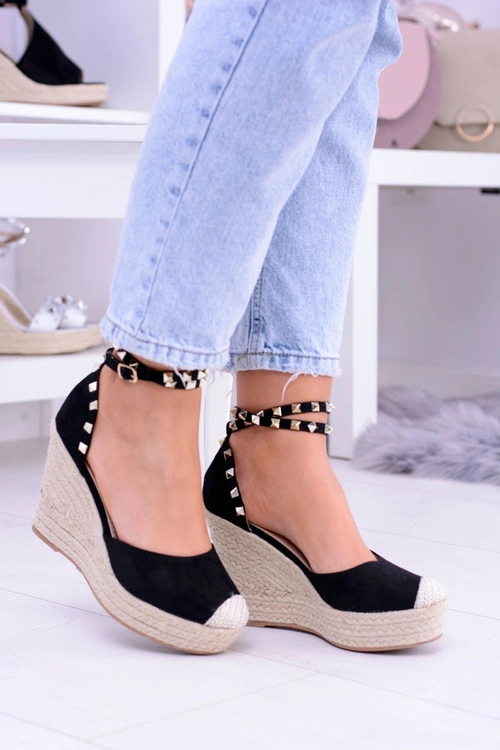 Damskie Czarne Sandały Na Koturnie Espadryle Aude