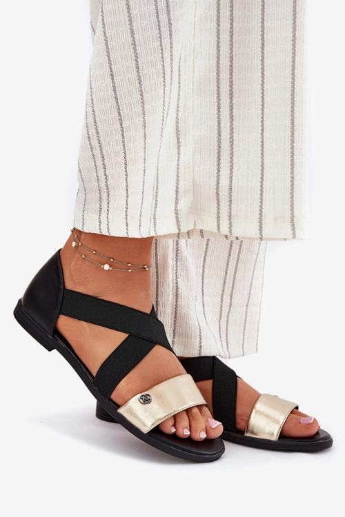 Sandały Damskie Płaskie Z Elastycznymi Paskami Czarno-Złote Marinea