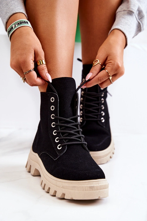 Zamszowe Botki Trapery Wiązane Czarne Hurricane