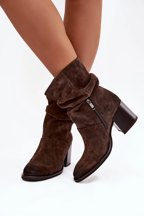 Skórzane Zamszowe Botki Z Marszczeniem Na Słupku Zazoo 1127 Czekoladowe