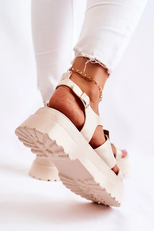 Damskie Skórzane Sandały Na Platformie Beżowe Corene