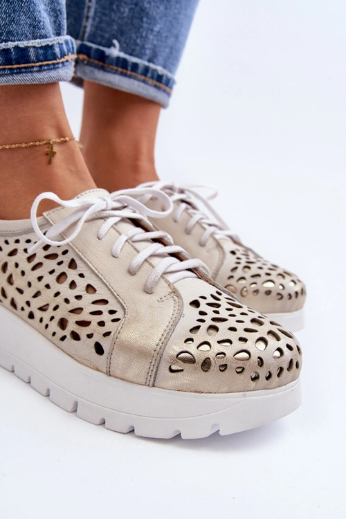 Zazoo 2821 Skórzane Półbuty Damskie Ażurowe Złote