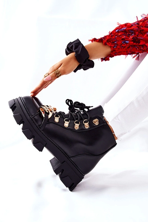 Damskie Ciepłe Trapery Botki z Łańcuchem Czarne Labri