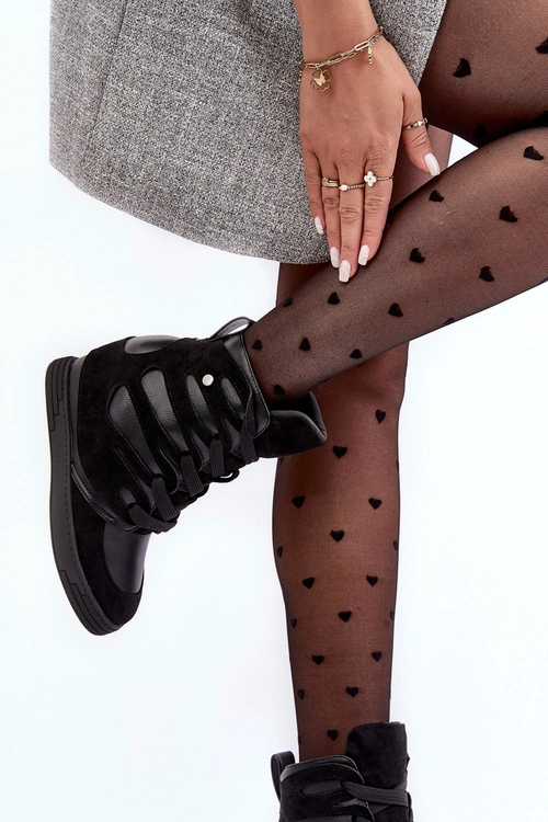 Skórzane Botki Na Koturnie Sznurowane Czarne Amria