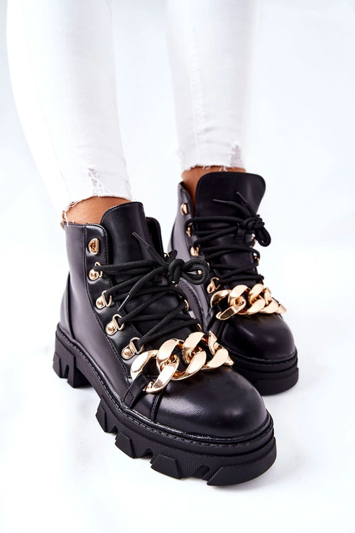 Damskie Ciepłe Trapery Botki z Łańcuchem Czarne Labri