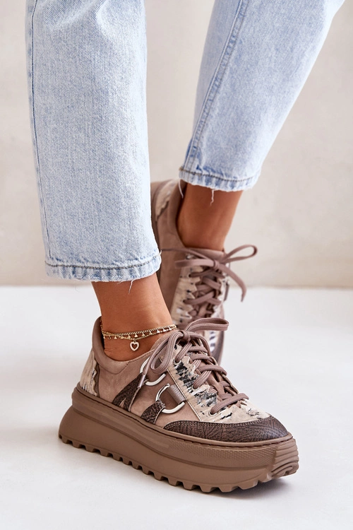 Skórzane Sneakersy Damskie Na Platformie Maciejka 06562-10 Ciemnobeżowe