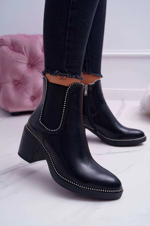 Botki Damskie Na Obcasie Z Dżetami Czarne Rhythmic