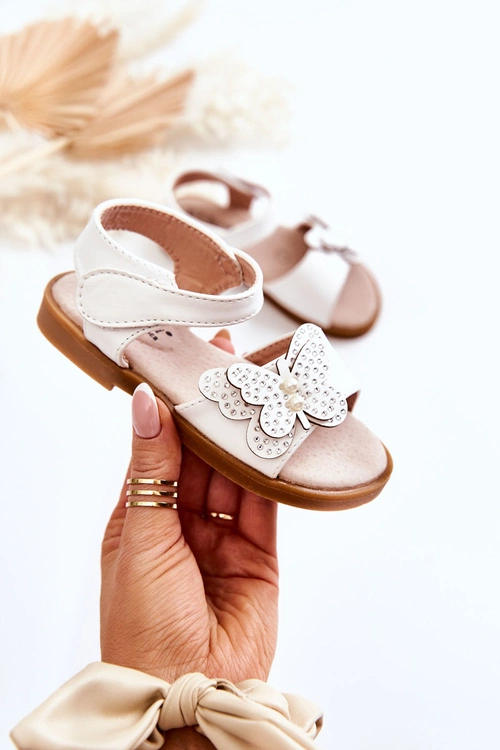 Dziecięce Skórzane Sandały Motylki Białe Rolly