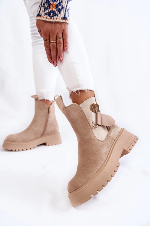 Zamszowe Ocieplane Botki Workery Beżowe Magnis