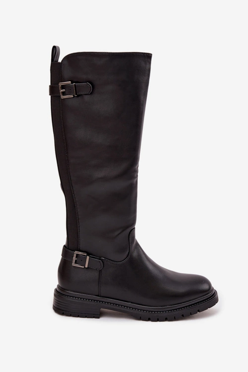 Ocieplane Kozaki Damskie Na Płaskim Obcasie Z Klamrami Czarne Sarelle