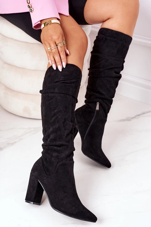 Zamszowe Kozaki W Szpic Czarne Impressing