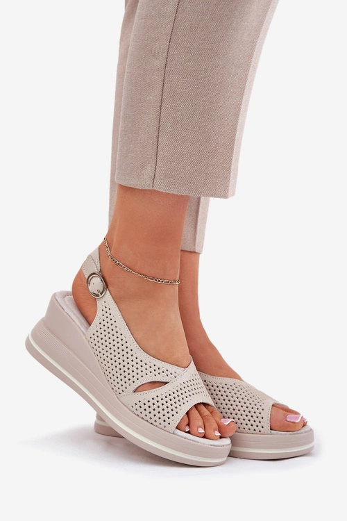 Skórzane Sandały Damskie Na Koturnie S.Barski LR51-660 Beżowe