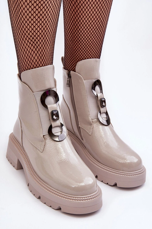 Lakierowane Botki Damskie Z Ozdobą Jasnoszare S.Barski MR870-53