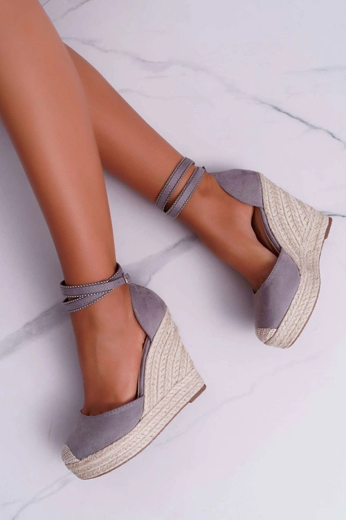 Sandały Damskie Na Koturnie Lniane Szare Canterola