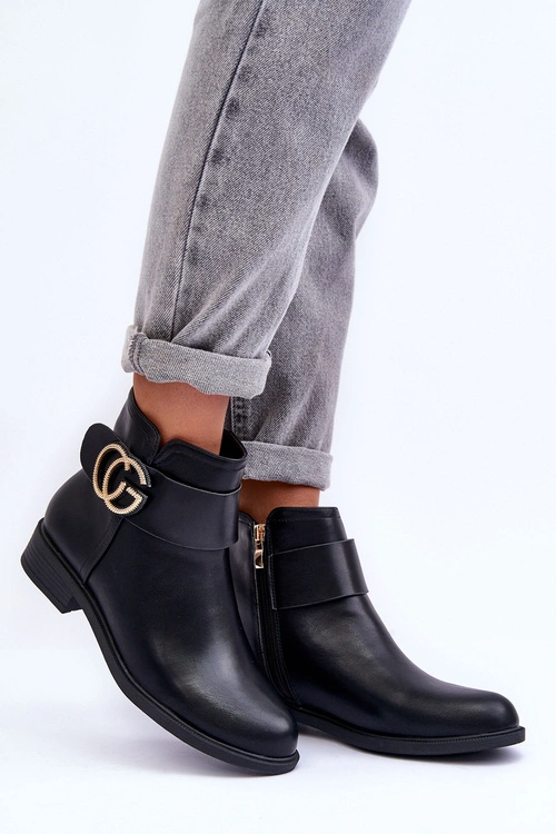 Skórzane Botki Z Ozdobą Czarne Galos