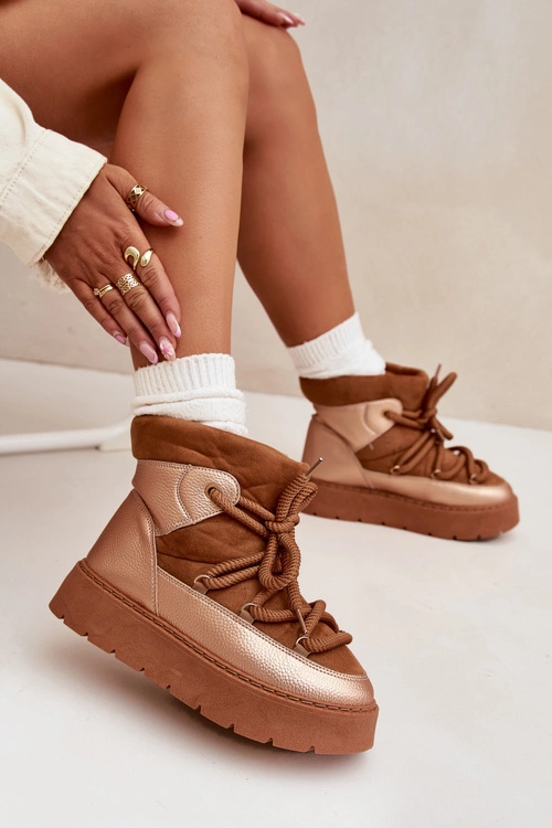 Niskie Śniegowce Damskie Ocieplane Futerkiem Z Grubym Wiązaniem Camel Xarina