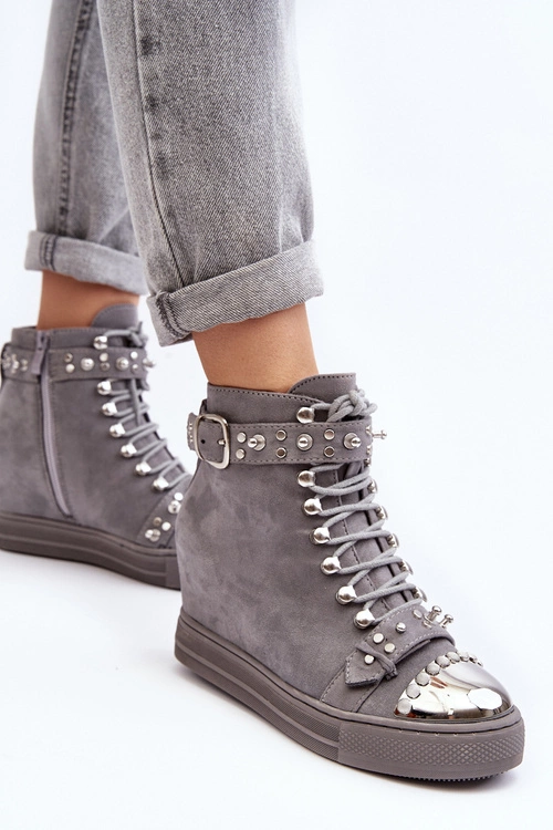 Ocieplane Botki Na Koturnie Z Dżetami Zamszowe Lu Boo Szare