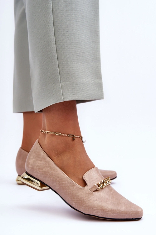 Skórzane Baleriny Na Płaskim Obcasie Z Łańcuchem Beżowe Lanez