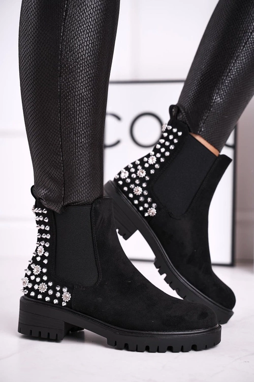 Damskie Botki Sztyblety Z Dżetami Czarne Lady In Black