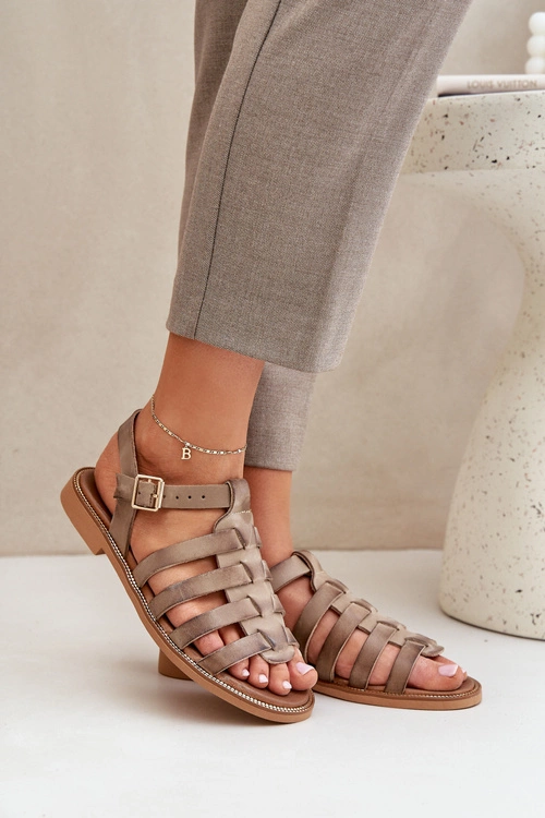 Skórzane Sandały Na Płaskim Obcasie Zazoo 3686 Ciemnobeżowe