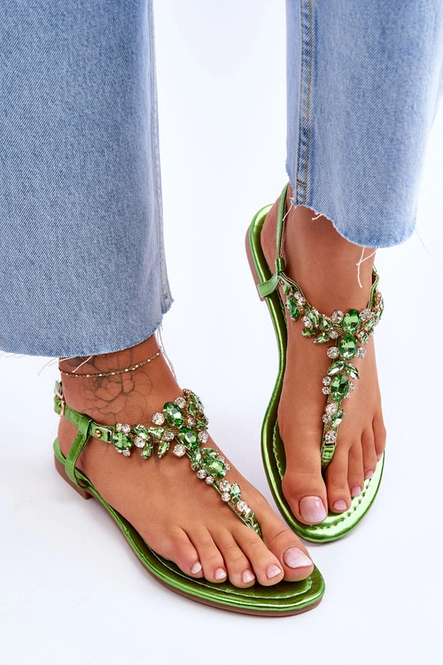 Damskie Sandały Japonki Z Kamieniami Zielone Lenisa