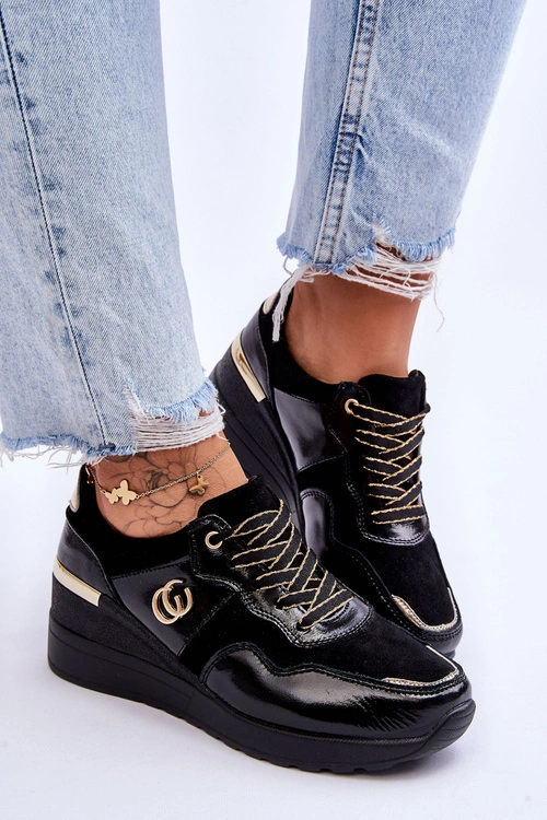 Damskie Skórzane Buty Sportowe Na Koturnie Czarne Rebeca