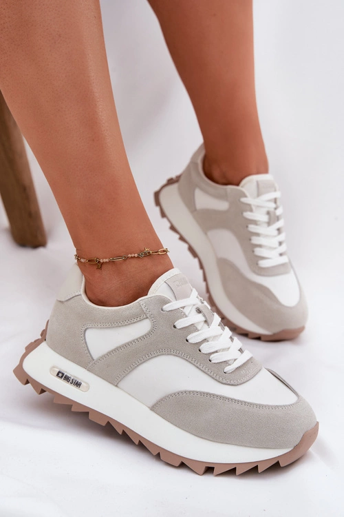 Zamszowe Sneakersy Na Platformie Damskie Big Star RR274896 HI-POLY SYSTEM Biało-Szare