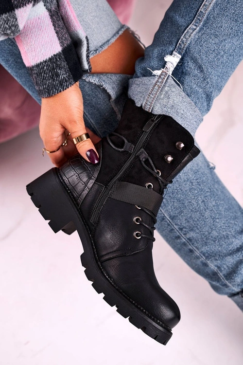 Damskie Ocieplane Botki Workery Czarne Strong