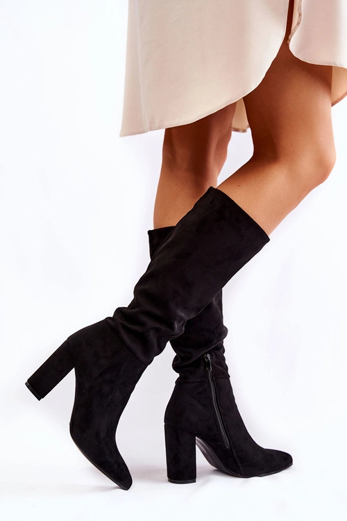 Zamszowe Wsuwane Kozaki Na Obcasie Czarne Miriam