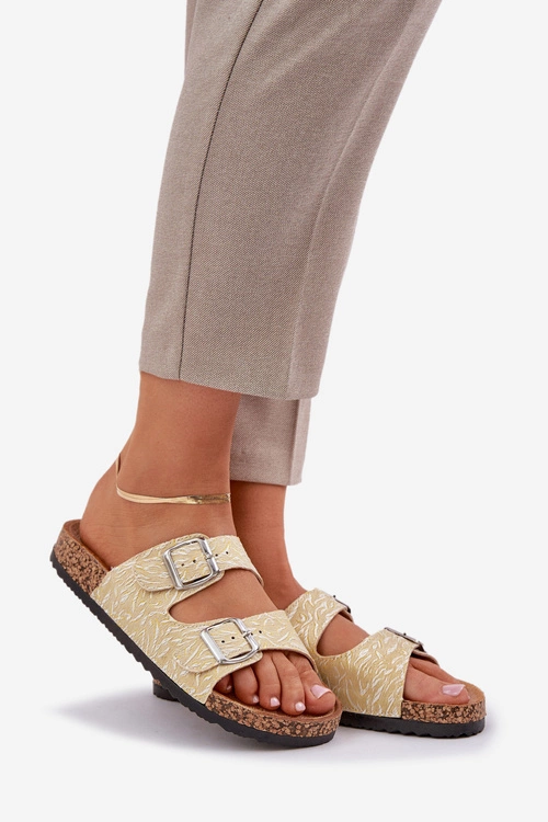 Materiałowe Klapki Na Korkowej Podeszwie Z Klamrami Żółte Atera