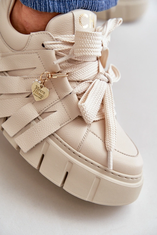Sneakersy Skórzane Damskie Na Platformie Beżowe CheBello 4568