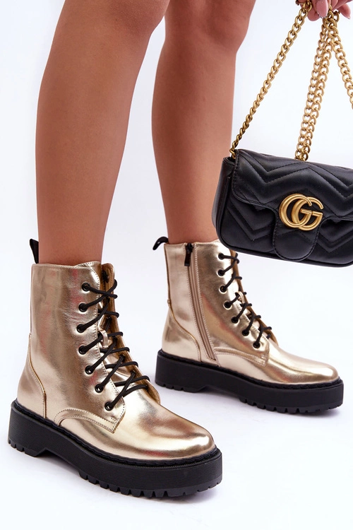 Skórzane Metaliczne Botki Workery Złote Teflorna