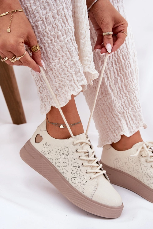 Skórzane Sneakersy Damskie Na Platformie Vinceza 88018 Beżowe