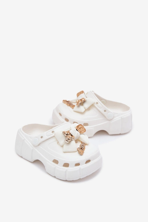 Klapki Dziecięce Dziewczęce Piankowe Z Kokardką I Ozdobami Białe Selvana