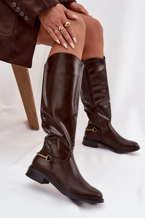 Ocieplane Kozaki Damskie Na Płaskim Obcasie Z Ozdobnym Detalem Czekoladowe Renaya