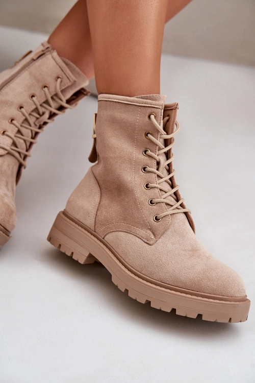 Botki Workery Damskie Ocieplane Na Zamek Eko Zamszowe Beżowe Mardia