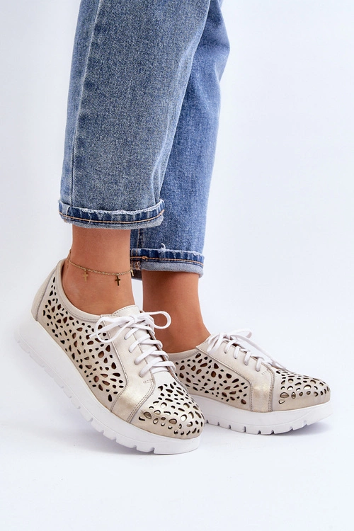 Zazoo 2821 Skórzane Półbuty Damskie Ażurowe Złote