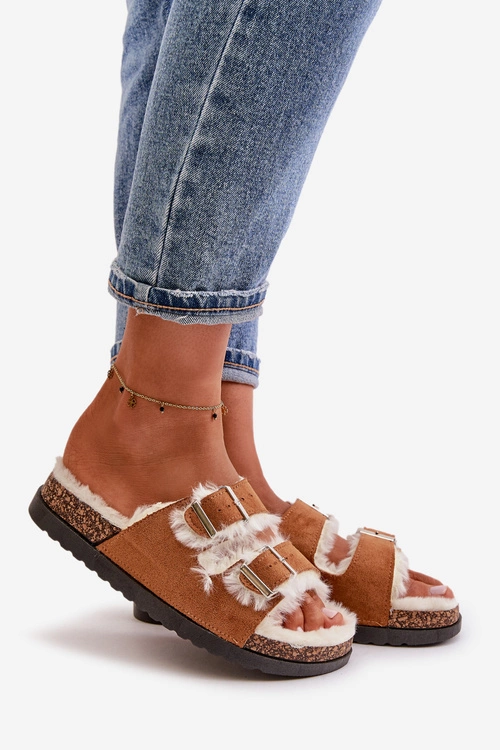 Damskie Kapcie Klapki Z Klamrami I Futerkiem Camel Ezilena