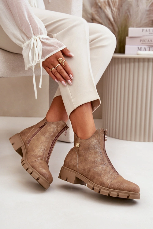 Ocieplane Botki Damskie Z Przetarciami Eko Skórzane Brązowo-Złote Verietta