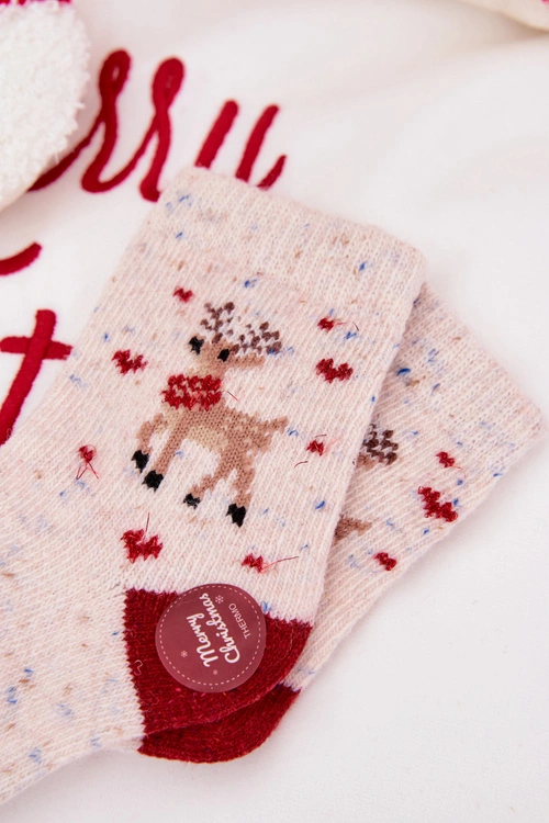 Dziecięce Świąteczne Skarpetki Z Reniferem Wełna Alpaka Beżowe