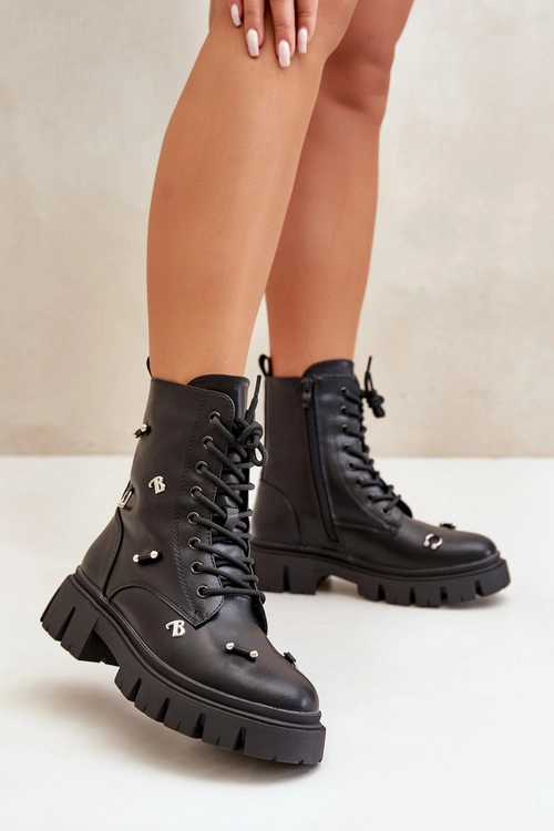 Botki Workery Damskie Z Ozdobami Eko Skórzane Czarne Cadenilla