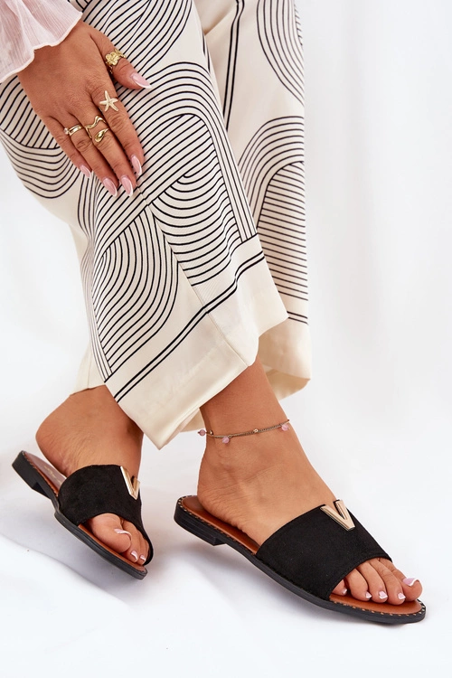 Klapki Damskie Na Płaskim Obcasie Z Ozdobnymi Detalami Czarne Saliena